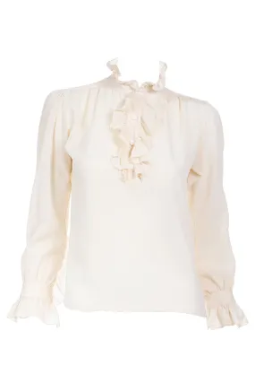 1970s Yves Saint Laurent Cream Textured Silk Ruffled Blouse