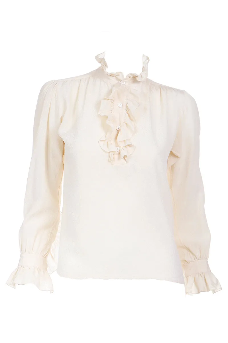 1970s Yves Saint Laurent Cream Textured Silk Ruffled Blouse