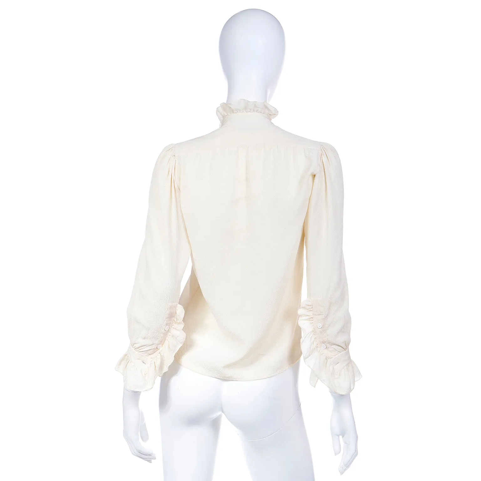 1970s Yves Saint Laurent Cream Textured Silk Ruffled Blouse