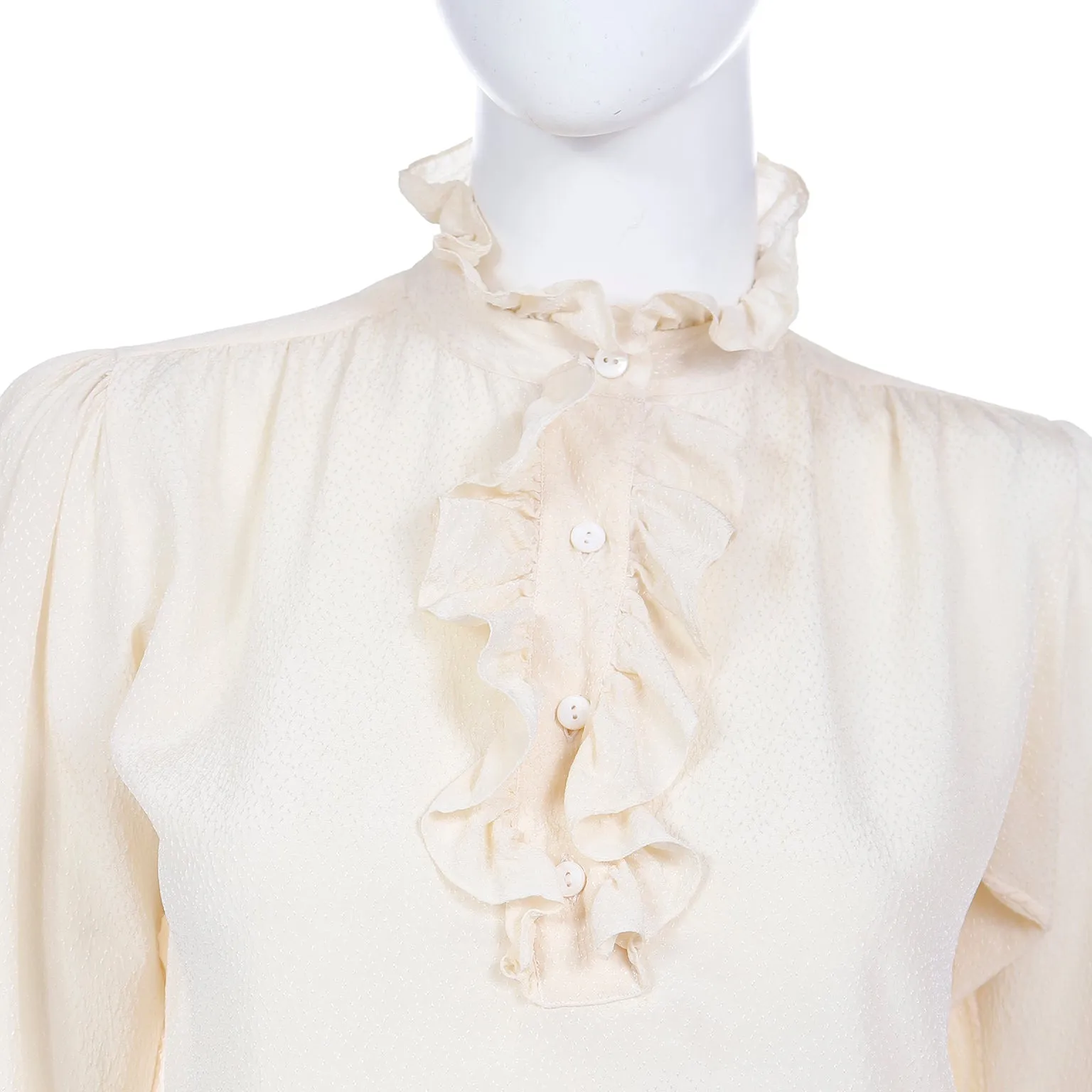 1970s Yves Saint Laurent Cream Textured Silk Ruffled Blouse