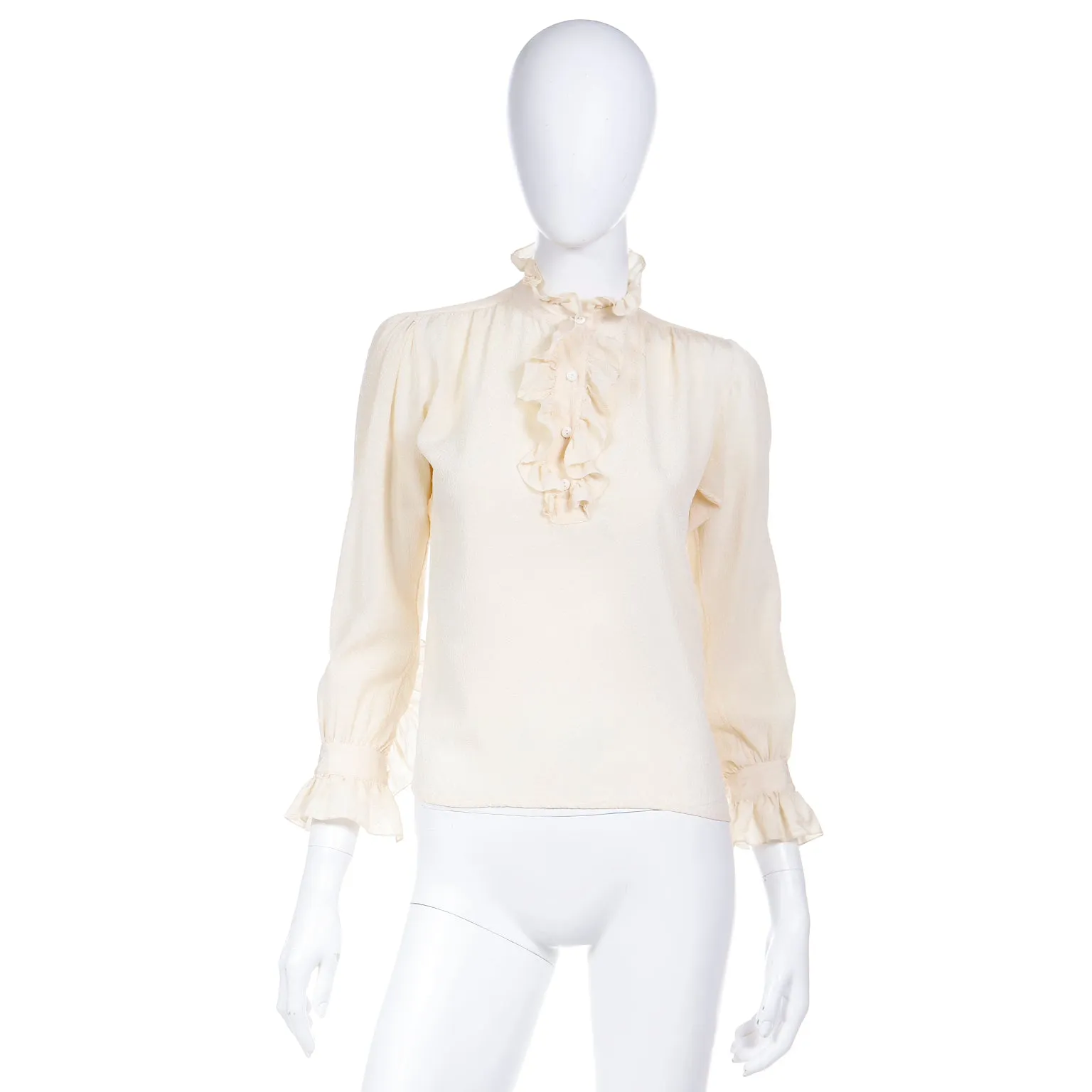 1970s Yves Saint Laurent Cream Textured Silk Ruffled Blouse