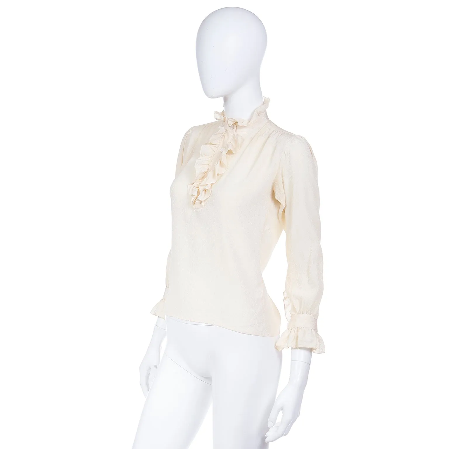 1970s Yves Saint Laurent Cream Textured Silk Ruffled Blouse