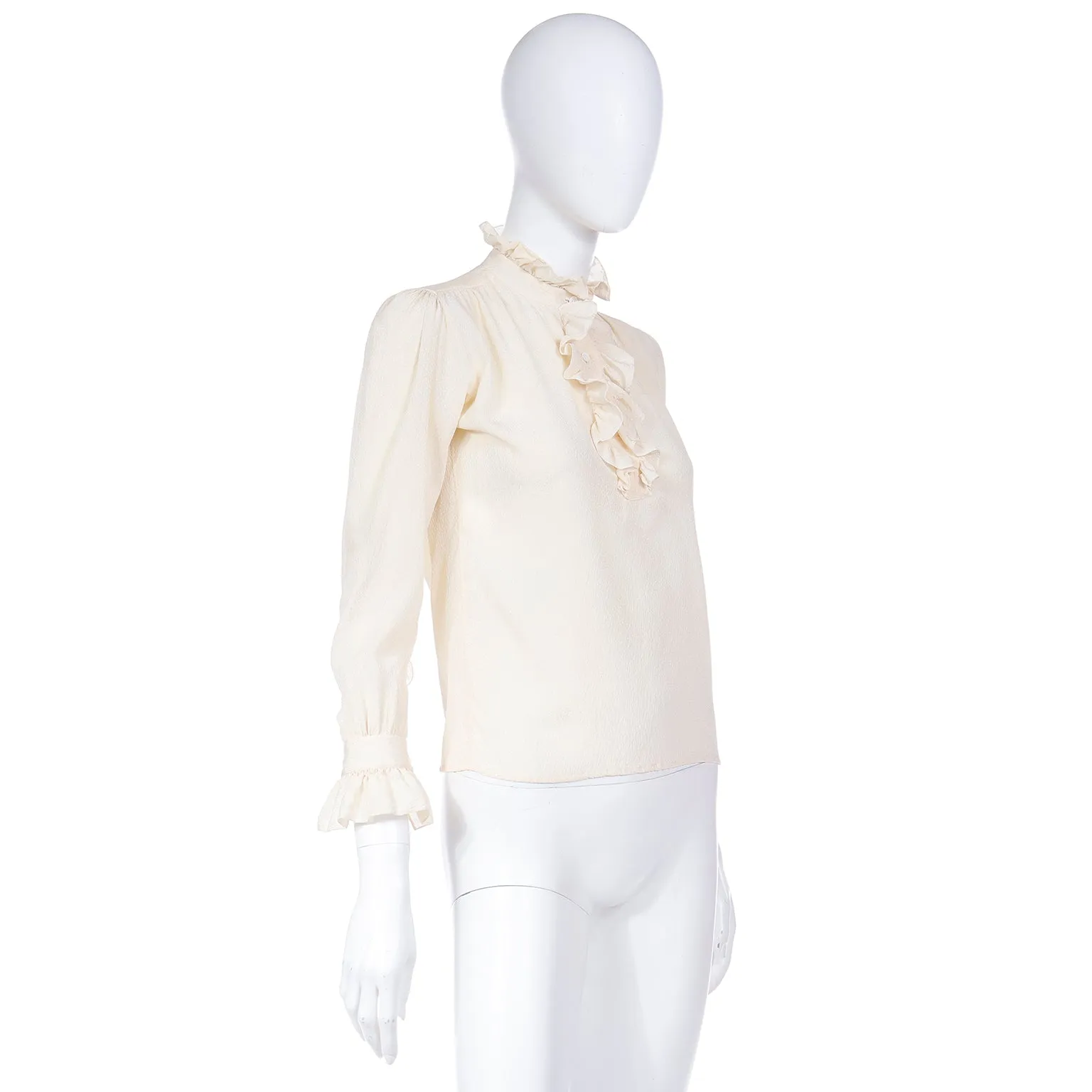 1970s Yves Saint Laurent Cream Textured Silk Ruffled Blouse