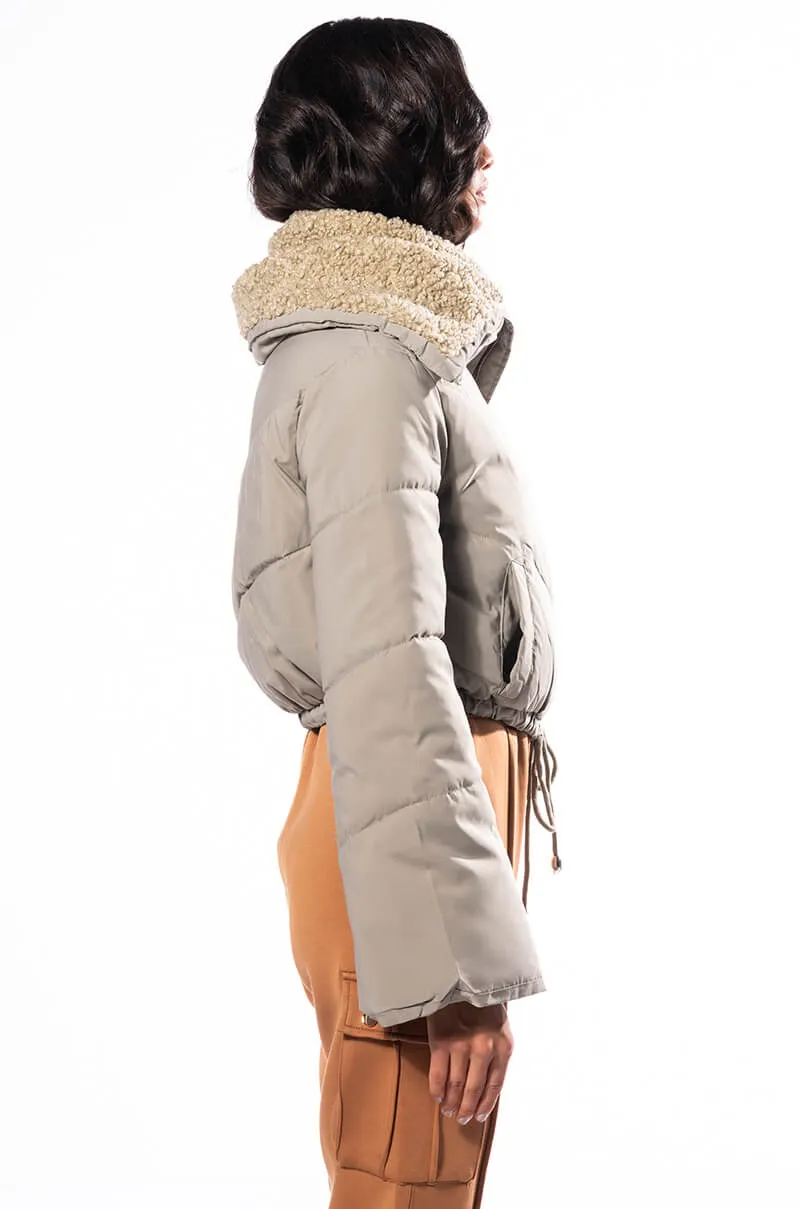 AMANDA CROP PUFFER WITH SHERPA COLLAR