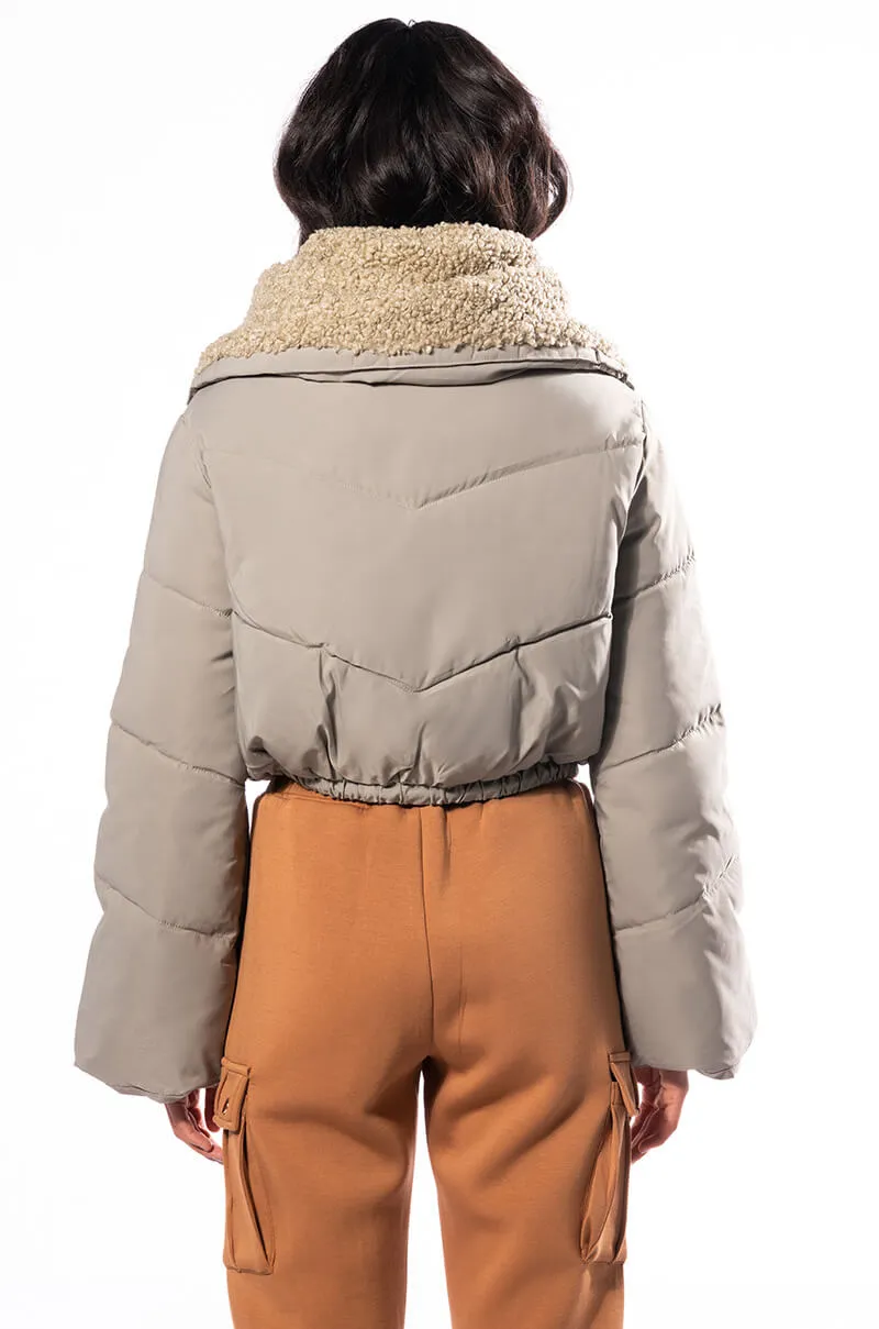 AMANDA CROP PUFFER WITH SHERPA COLLAR