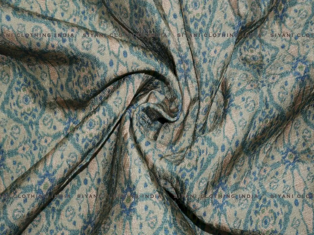 Beige Floral Print Raw Silk Fabric