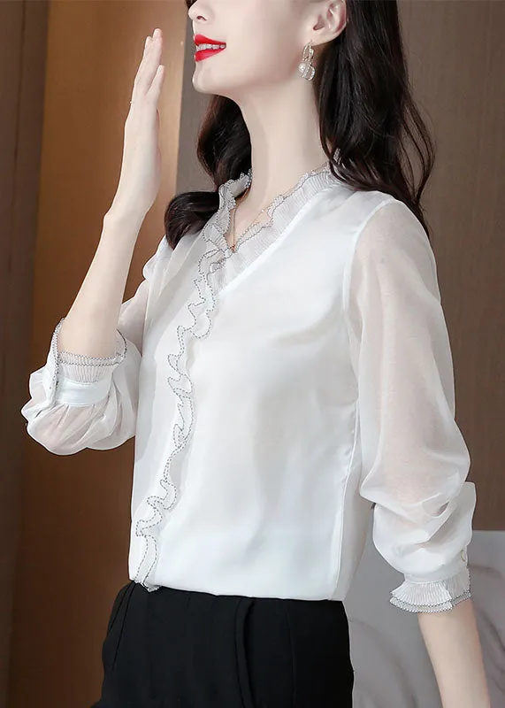 Bohemian White Ruffled Patchwork Silk Blouses Long sleeve LY0481