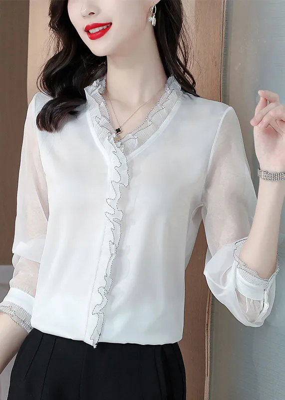 Bohemian White Ruffled Patchwork Silk Blouses Long sleeve LY0481