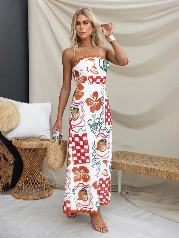 Casual printed pleated dress with breast band