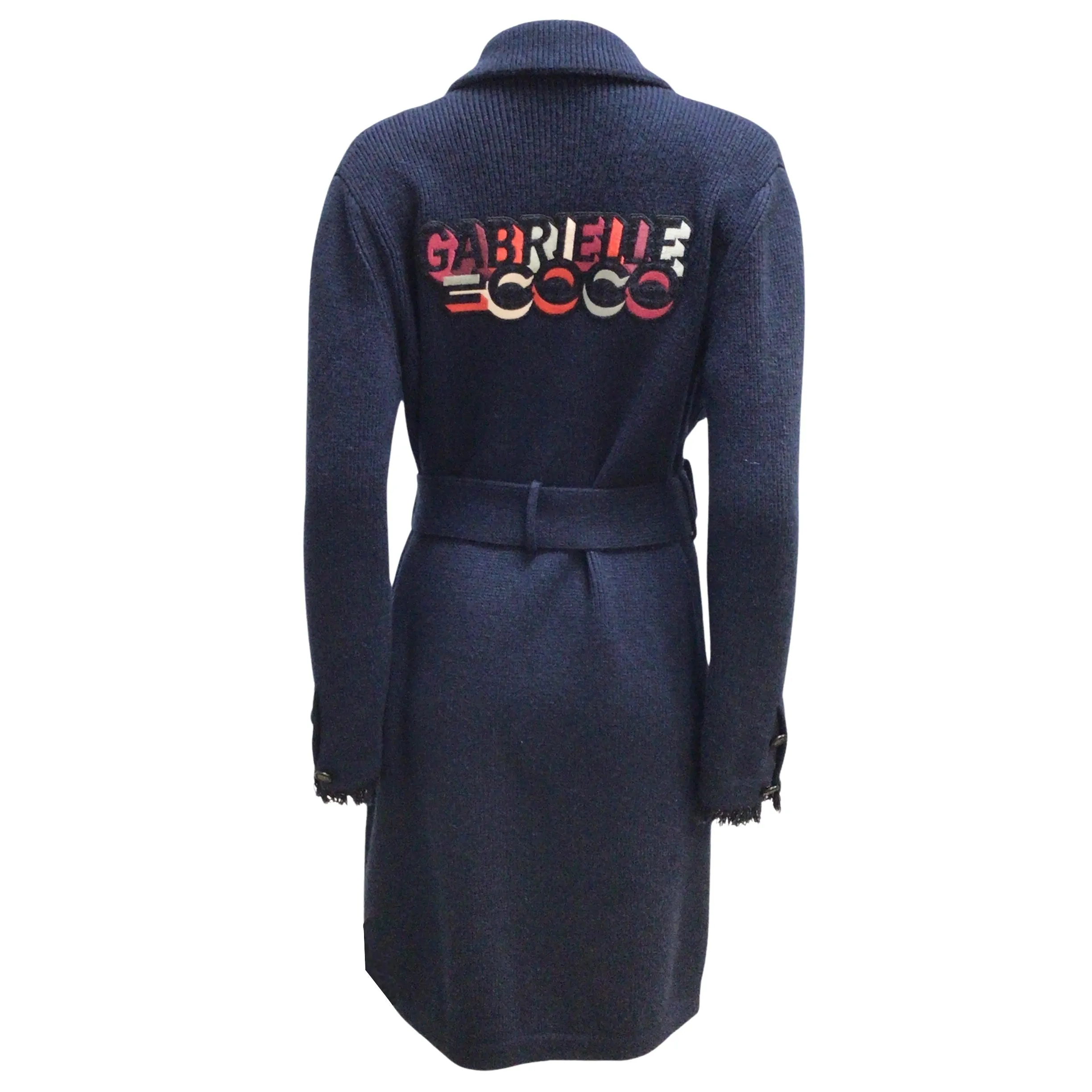 Chanel Navy Blue Gabrielle Coco Patch Belted Cashmere Knit Mid-length Sweater Coat