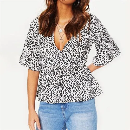 Chiffon Blouses Sexy Deep V neck Short