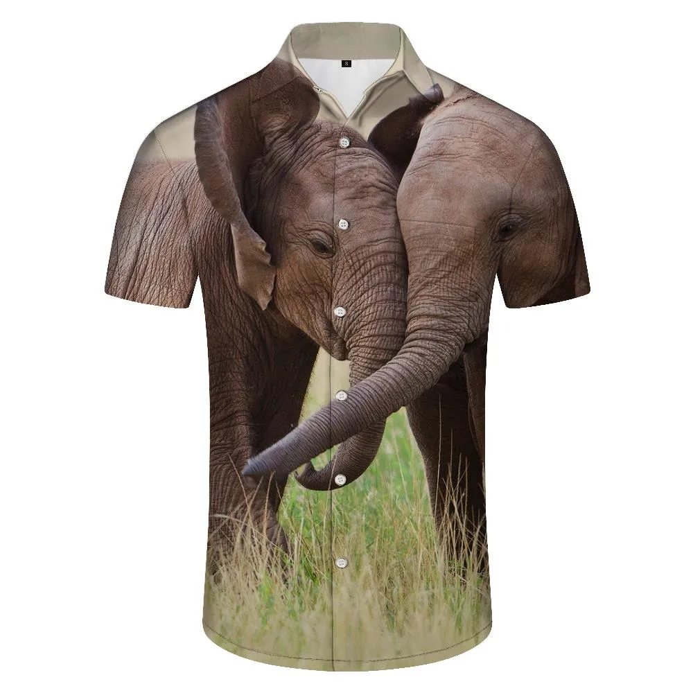 Elephant Family Print Cuban Collar Short Sleeve Beach Shirt for Men Casual Shirts Perfect for Any Occasion