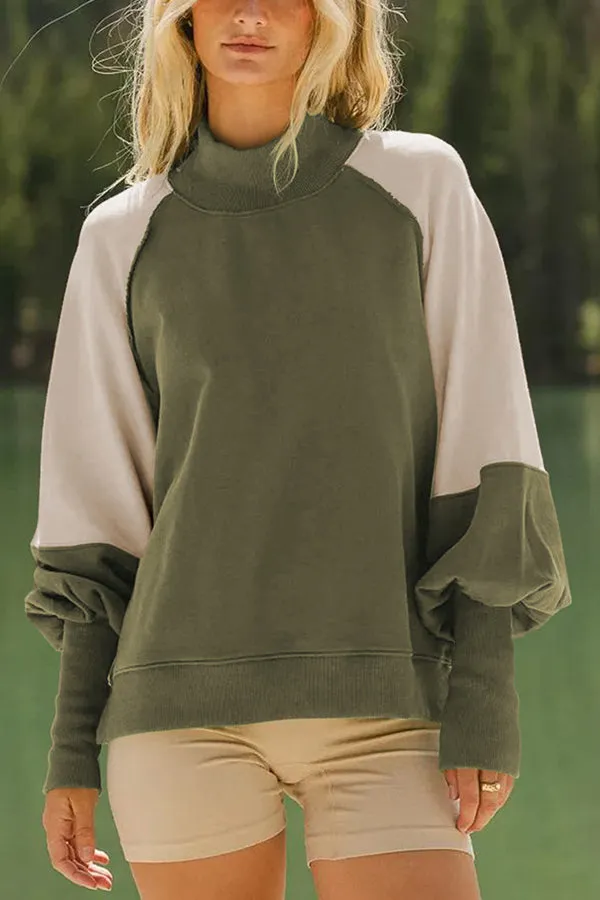 Fashionable Contrast Color Stitching Long Sleeve Loose Sweatshirt