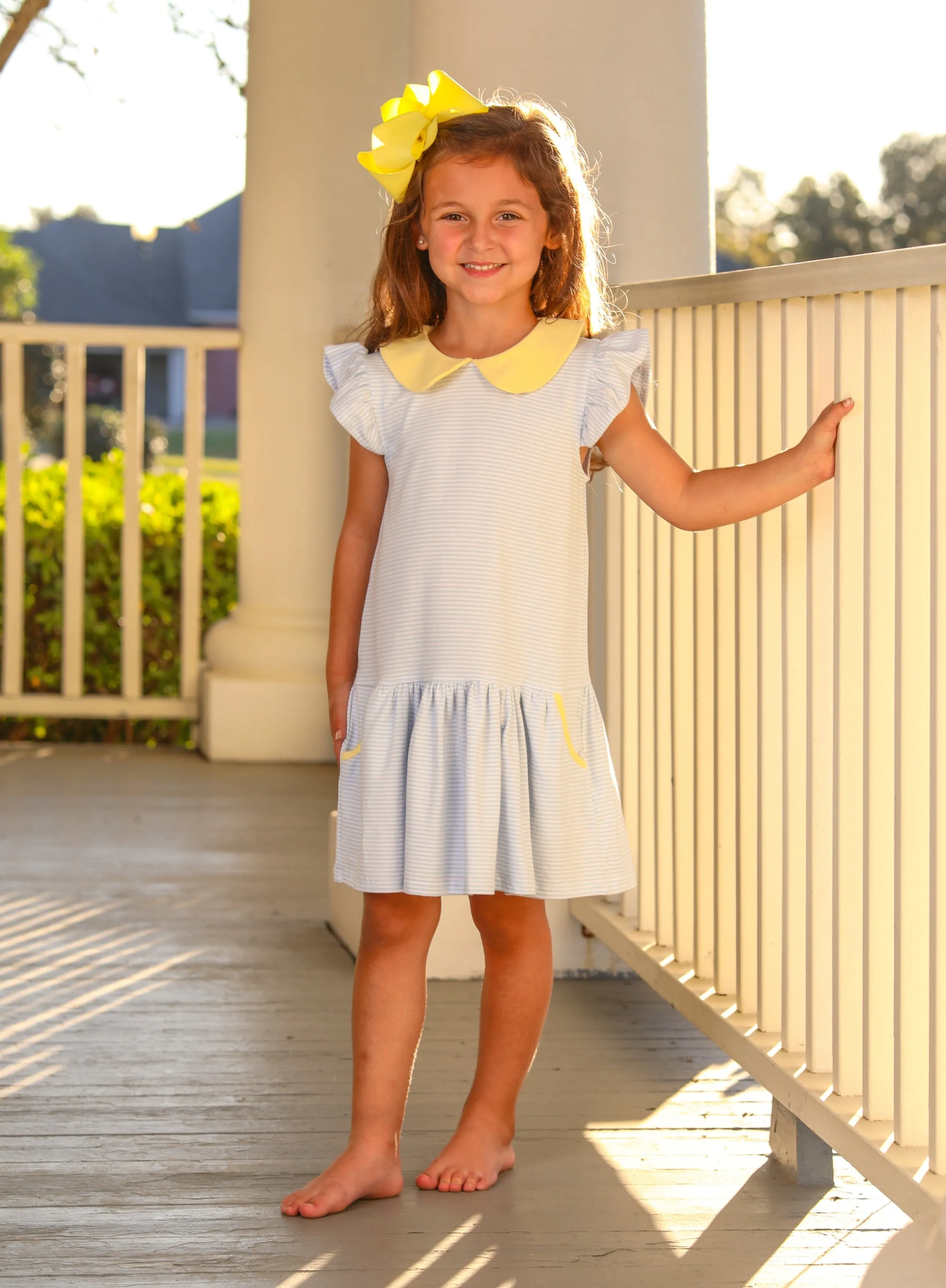 Genevieve Dress - Light Blue Stripe & Yellow