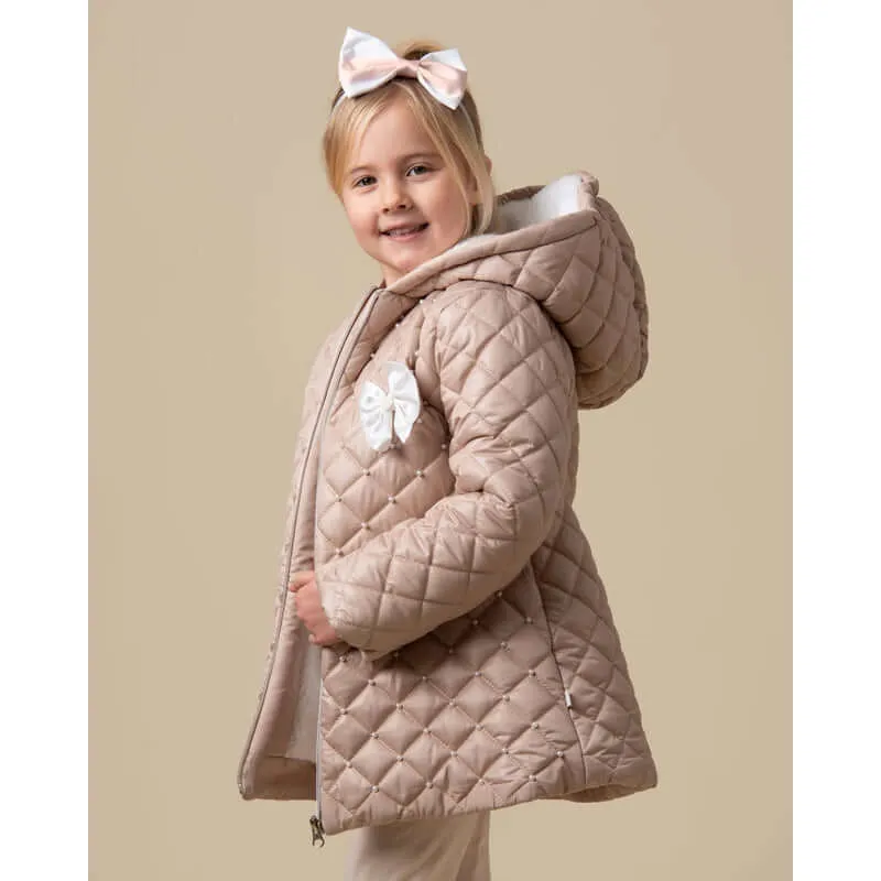 Girls Mink Pearl Hooded Puffer Coat With Bow