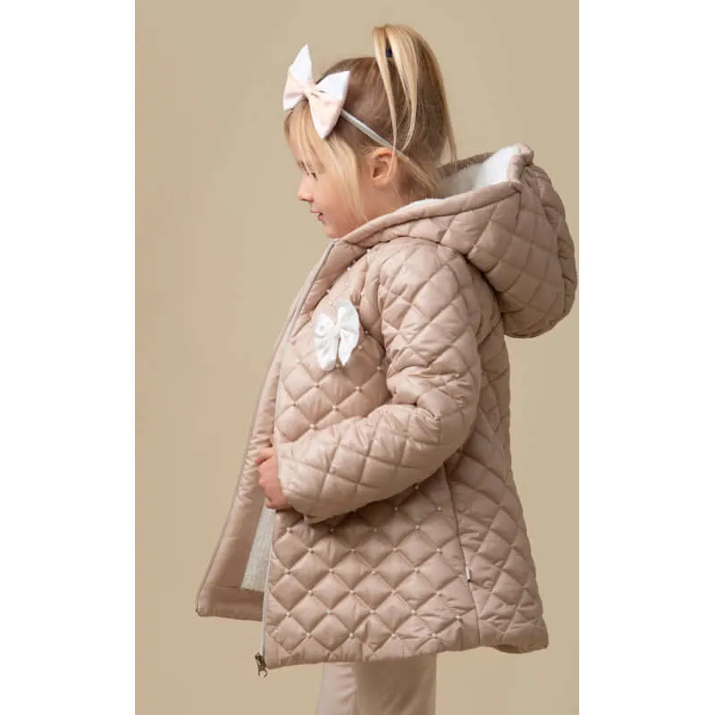 Girls Mink Pearl Hooded Puffer Coat With Bow