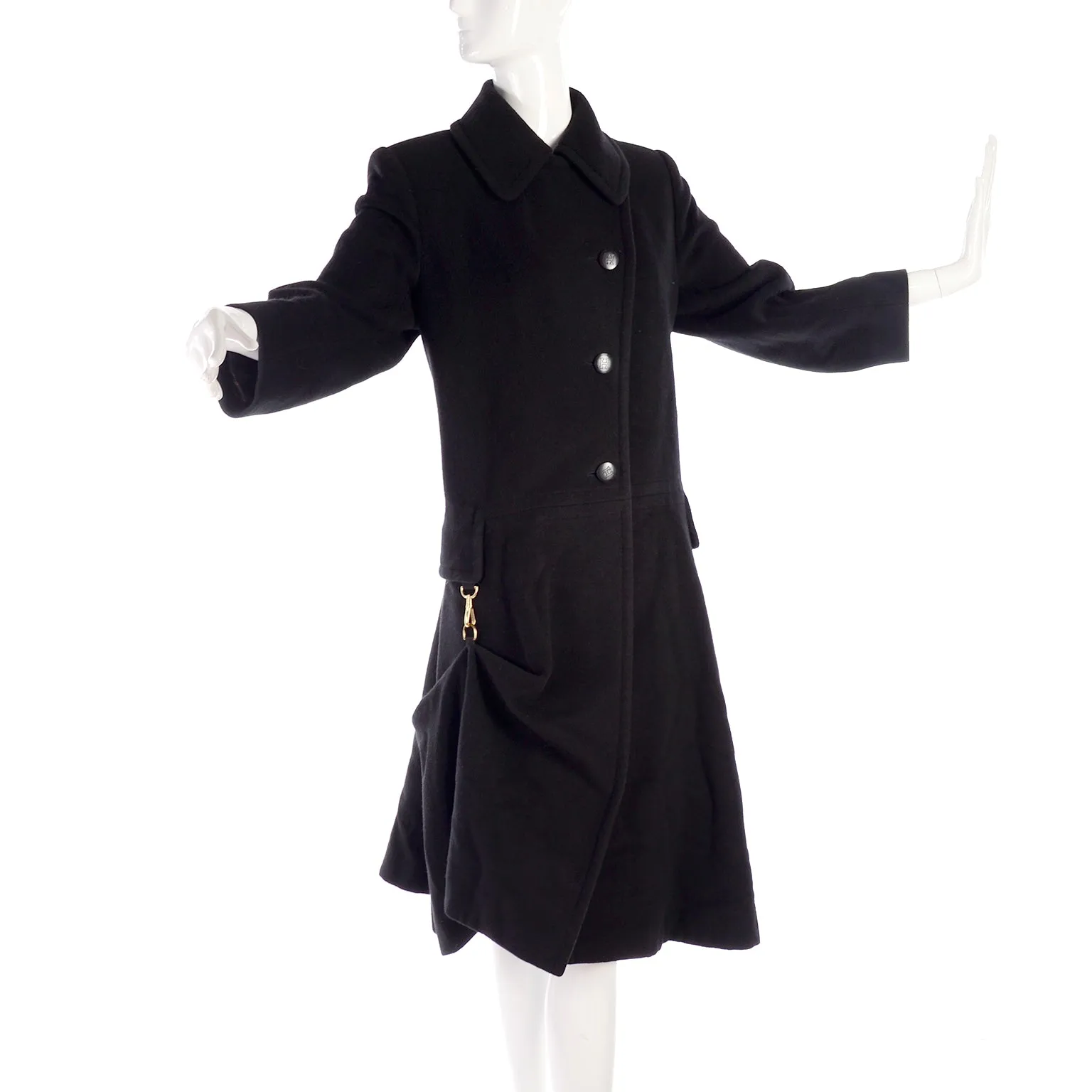 Hermes Black Cashmere Vintage Coat w/ Toggle Clip