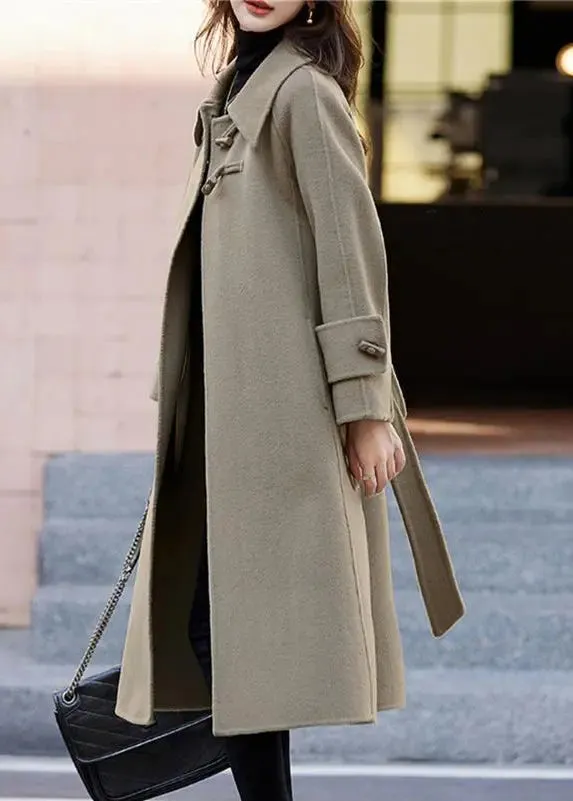 Loose Khaki Button Pockets Patchwork Cashmere Coats Long Sleeve ML2748