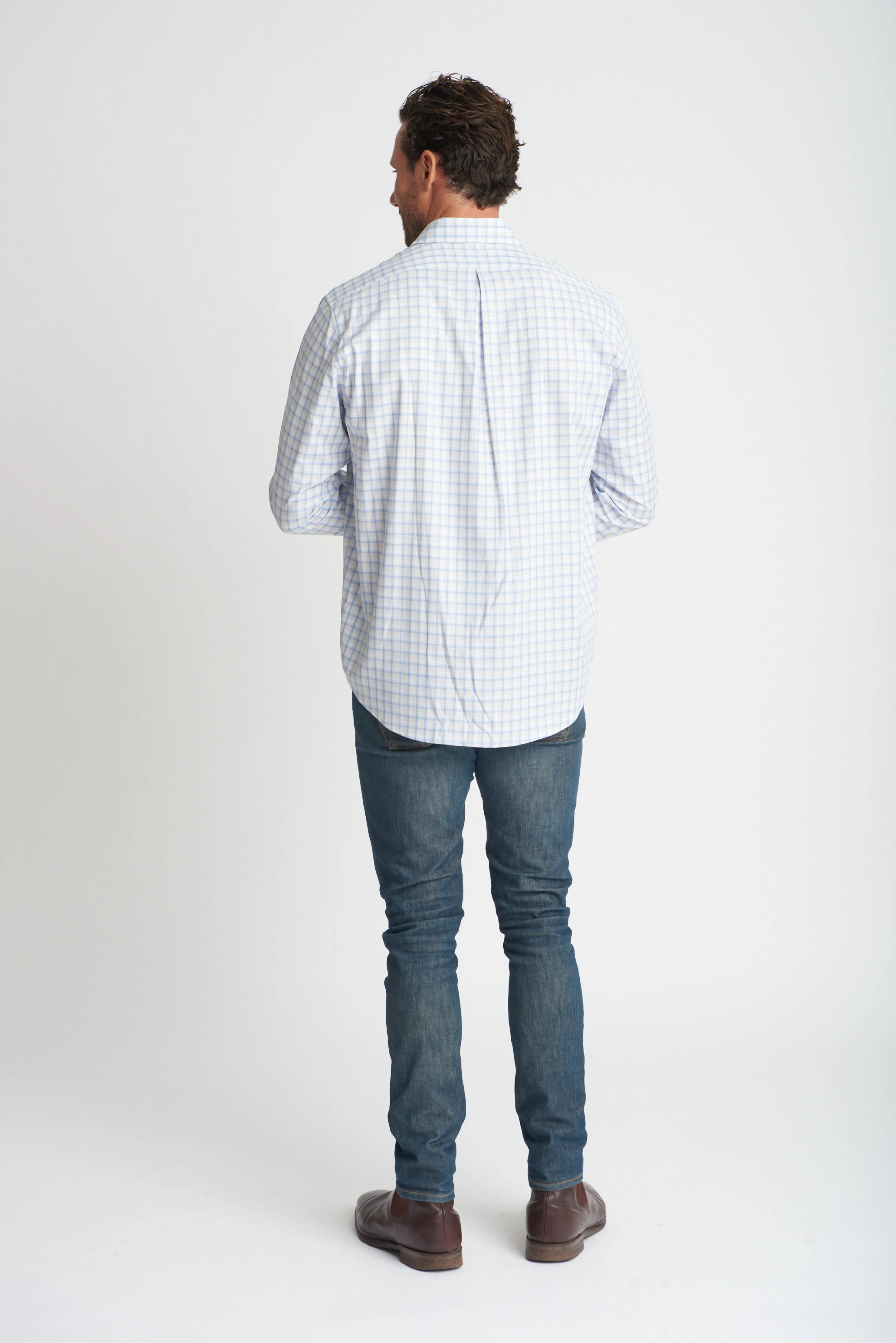 Mens Cotton Check Shirt Beige/Blue Check