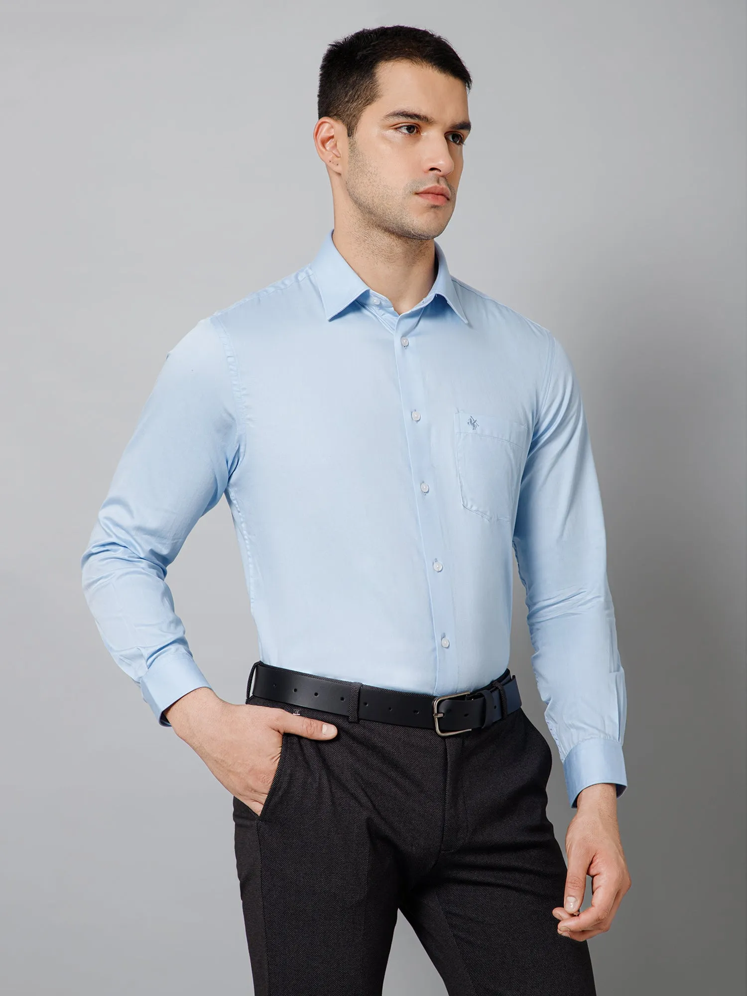 Men's Light Blue Party Plain Full Sleeve Shirt