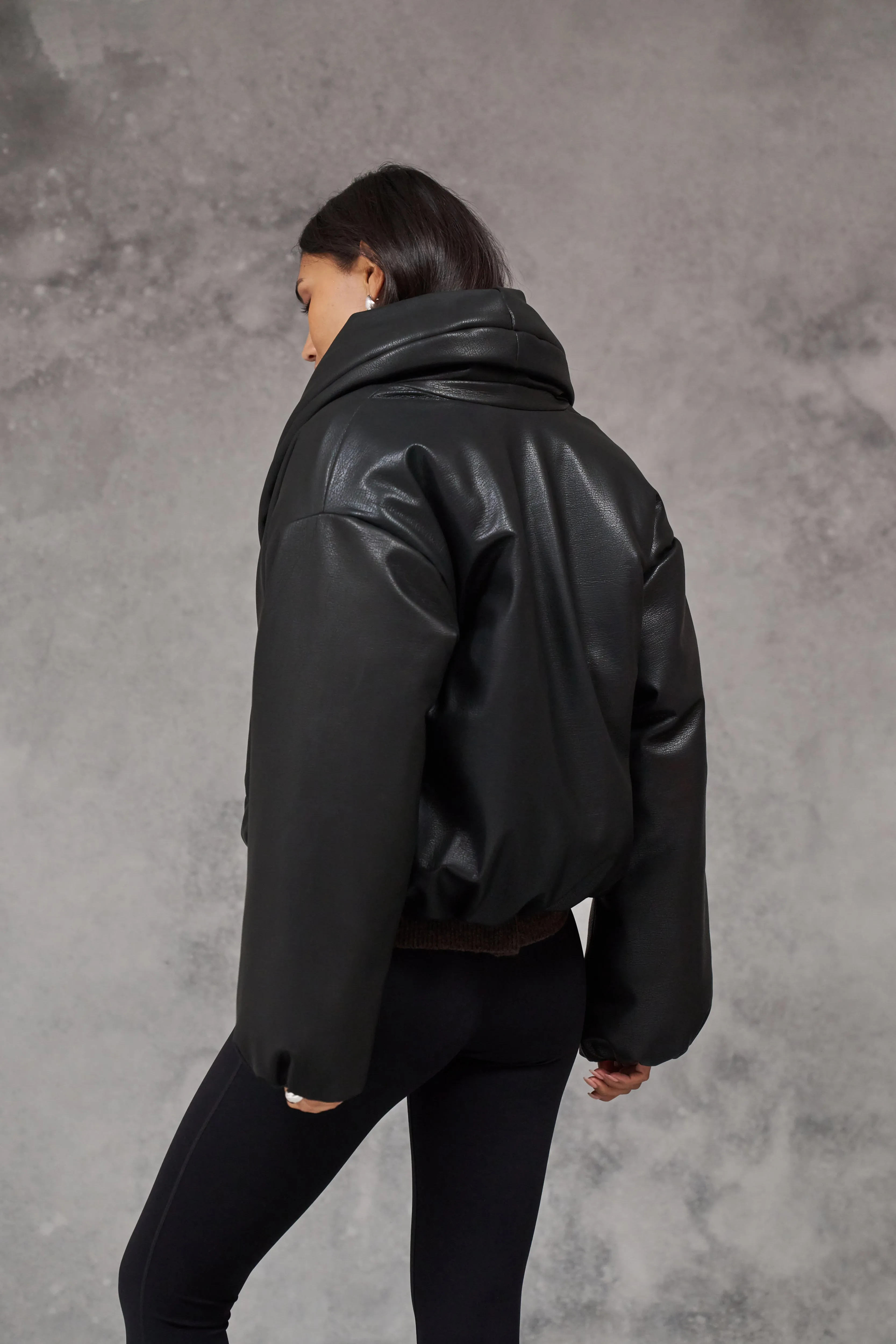 OVERSIZED COLLAR FAUX LEATHER PUFFER COAT - BLACK