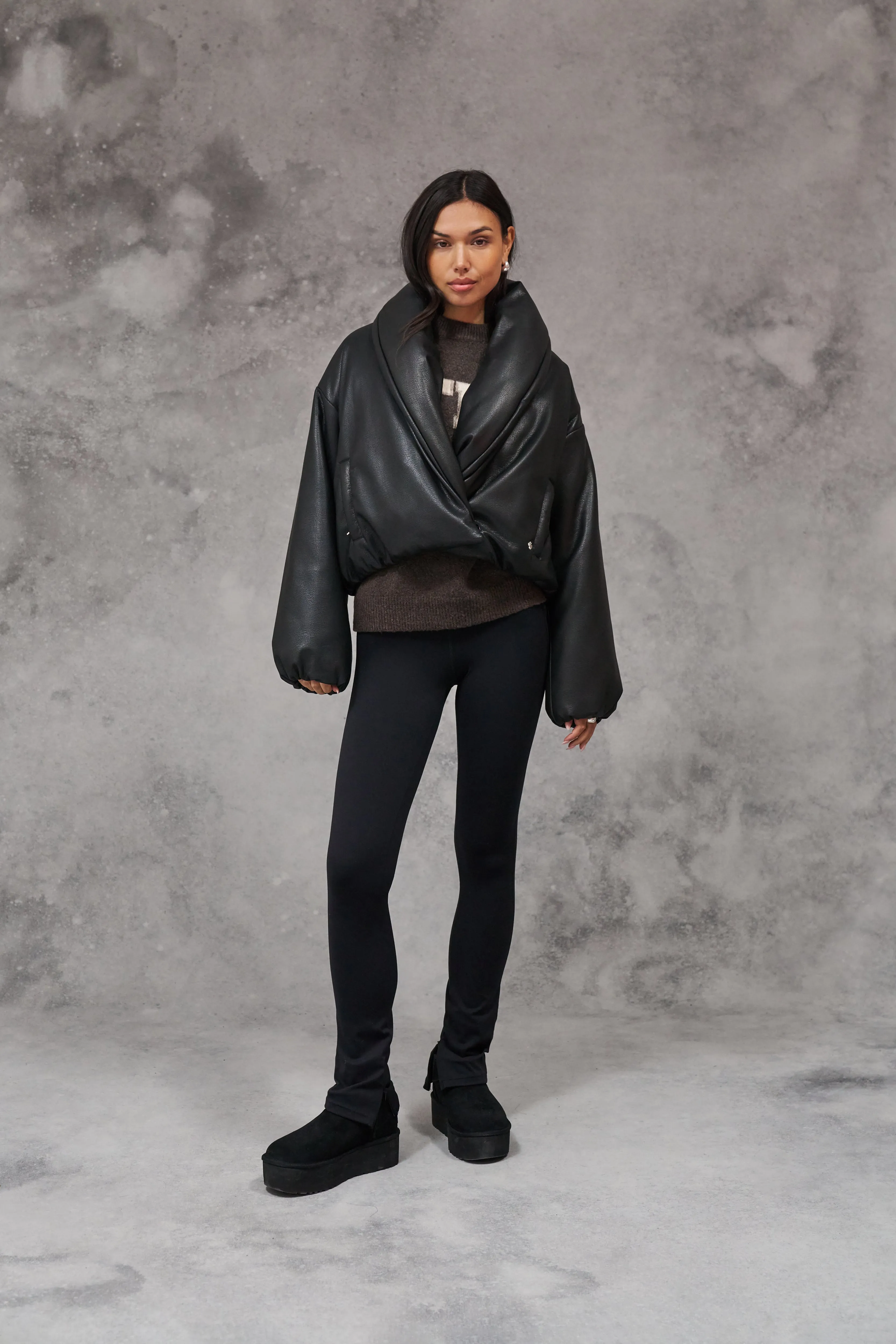 OVERSIZED COLLAR FAUX LEATHER PUFFER COAT - BLACK