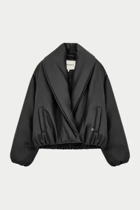 OVERSIZED COLLAR FAUX LEATHER PUFFER COAT - BLACK