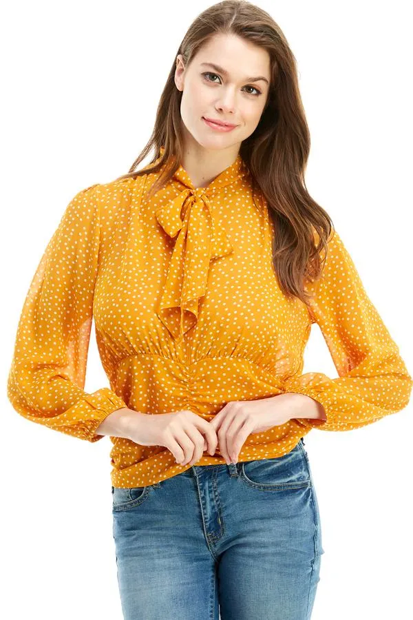 Pin Dot Tie Neck Elastic Waist Long Sleeve Blouse