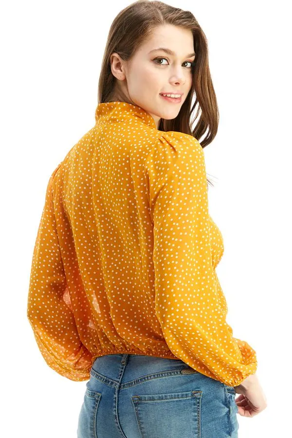 Pin Dot Tie Neck Elastic Waist Long Sleeve Blouse