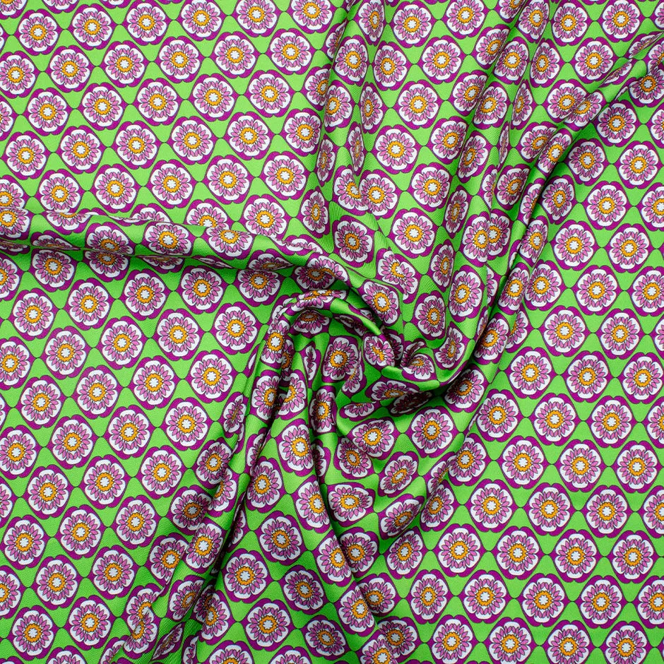 Pink & Orange Geo Floral Printed Green Silk Twill (A 3m Piece)