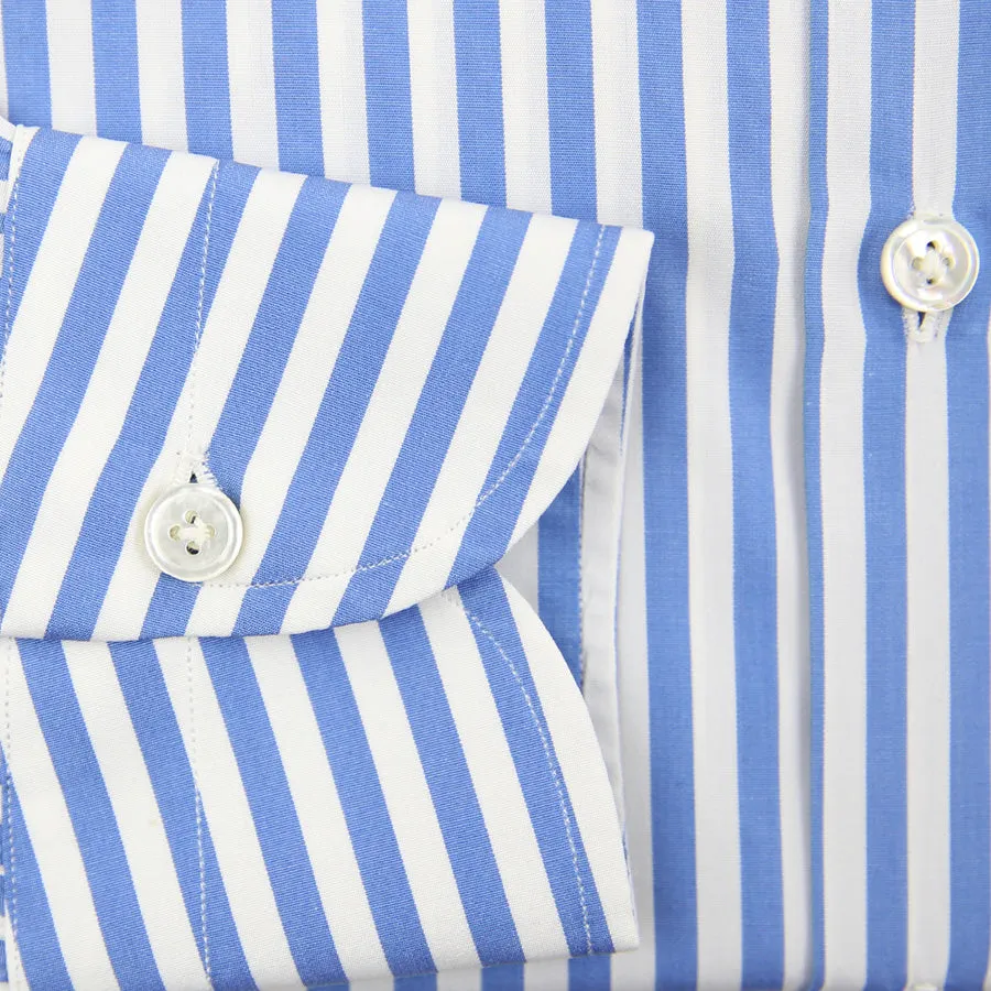 Poplin Semi Spread Shirt - White / Blue - Butcher Stripe - Regular Fit