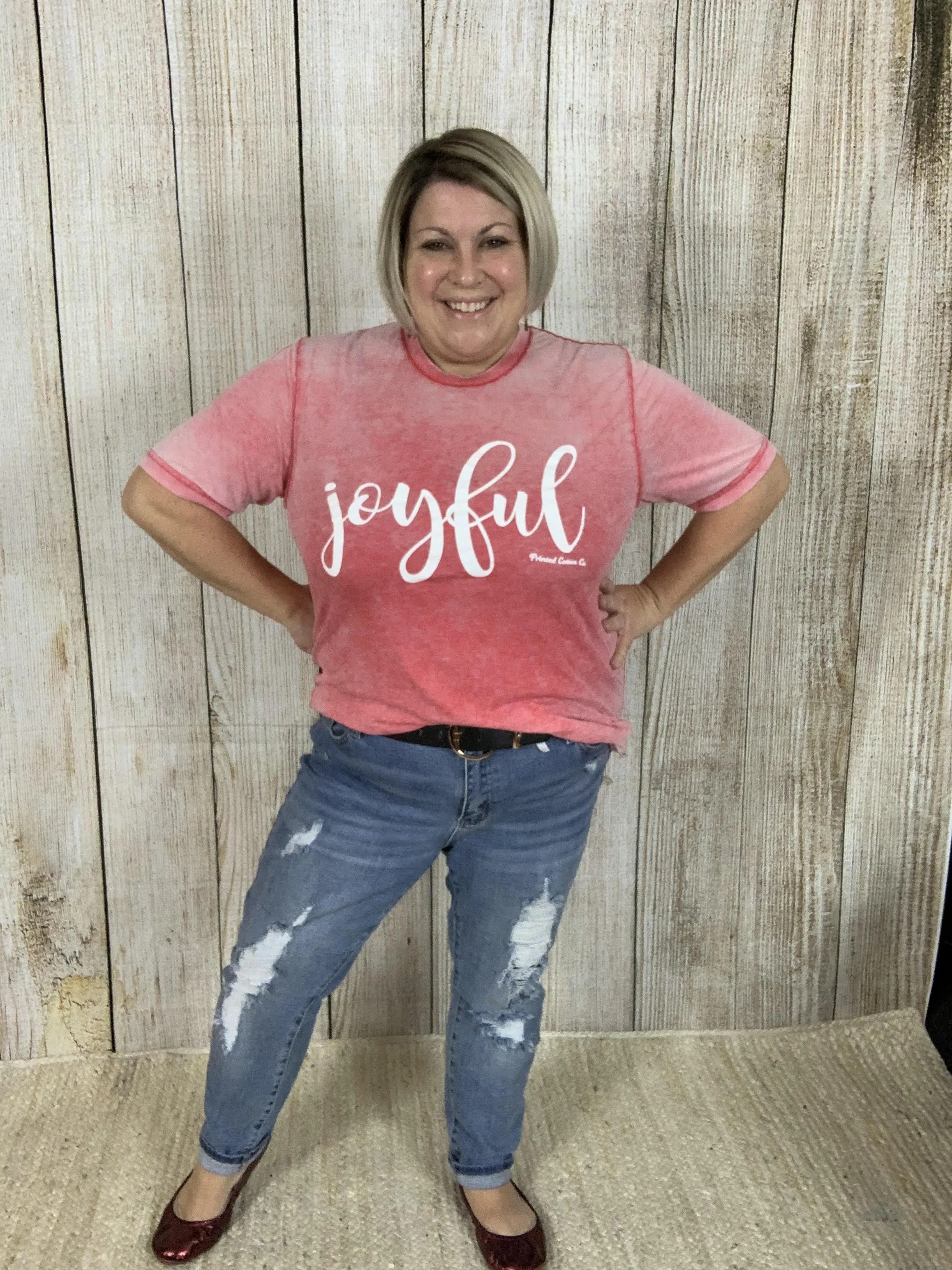 Red Acid Wash Joyful Tee