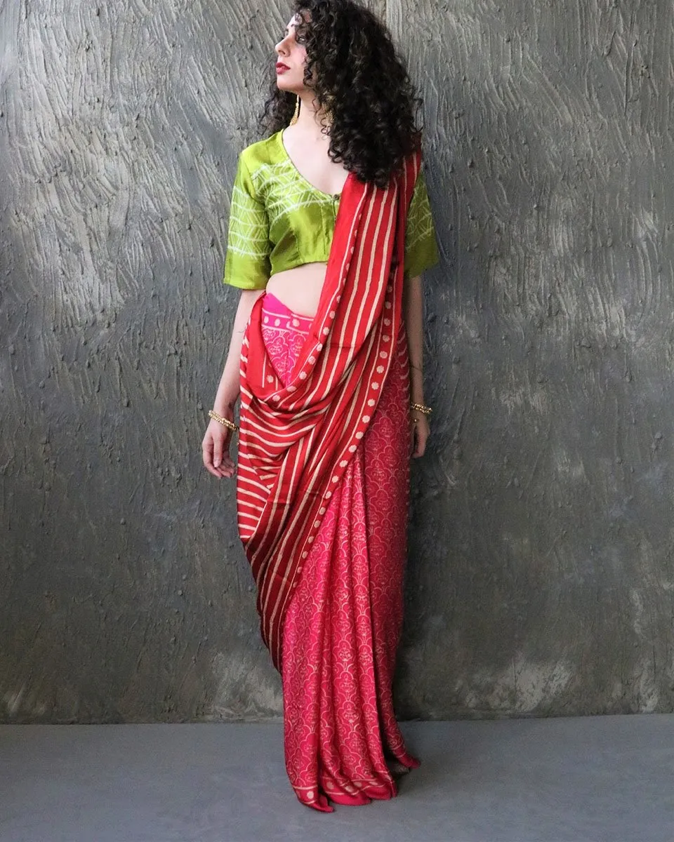 Red-Rani Blockprinted Modal Silk Saree