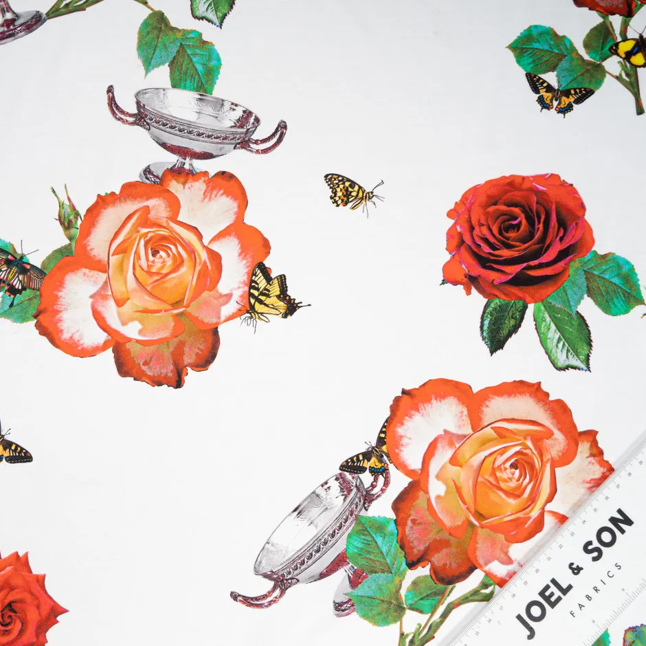 Rose & Butterfly Printed White Pure Silk Twill