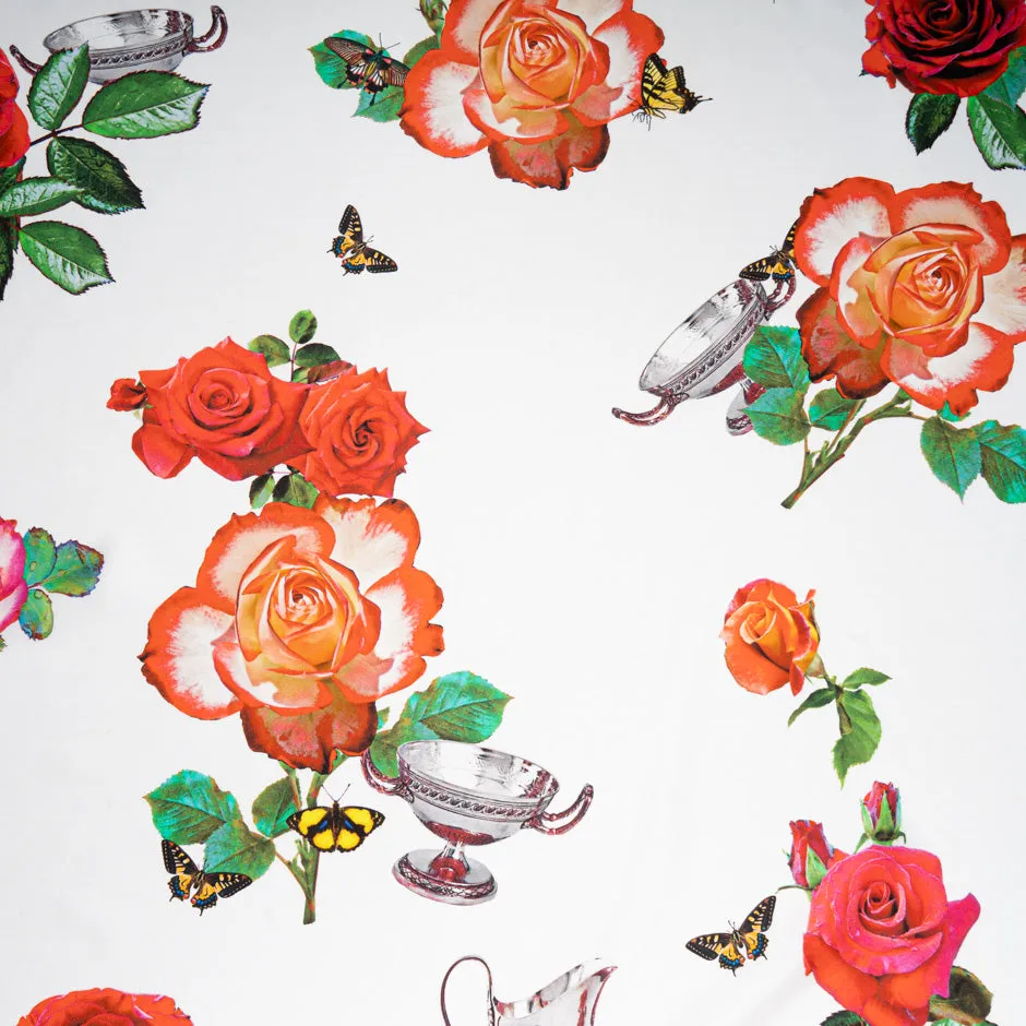 Rose & Butterfly Printed White Pure Silk Twill