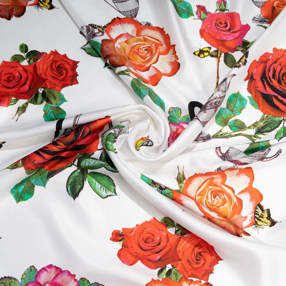 Rose & Butterfly Printed White Pure Silk Twill