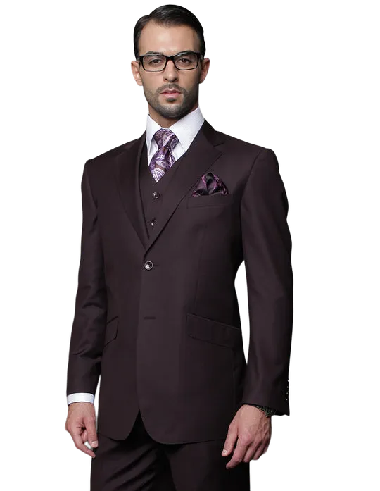 Statement Plum 3pc Men's Solid Color Vested Suit 100% Wool