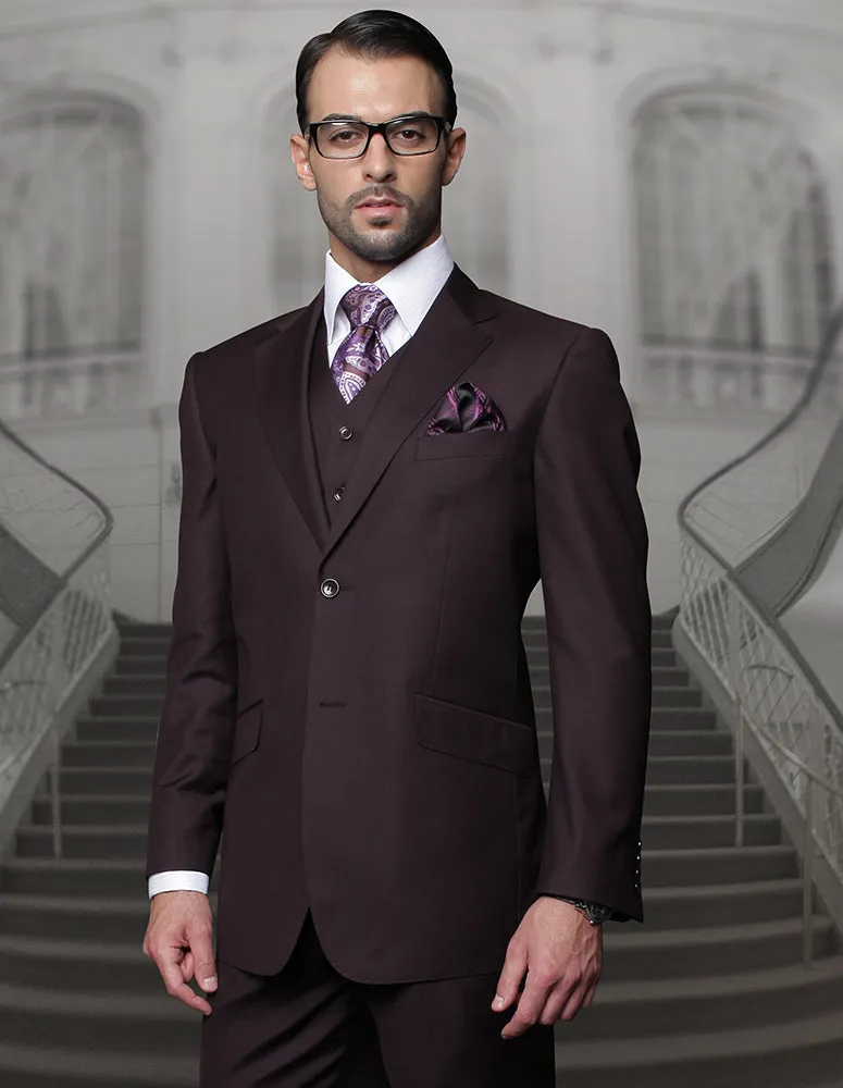 Statement Plum 3pc Men's Solid Color Vested Suit 100% Wool