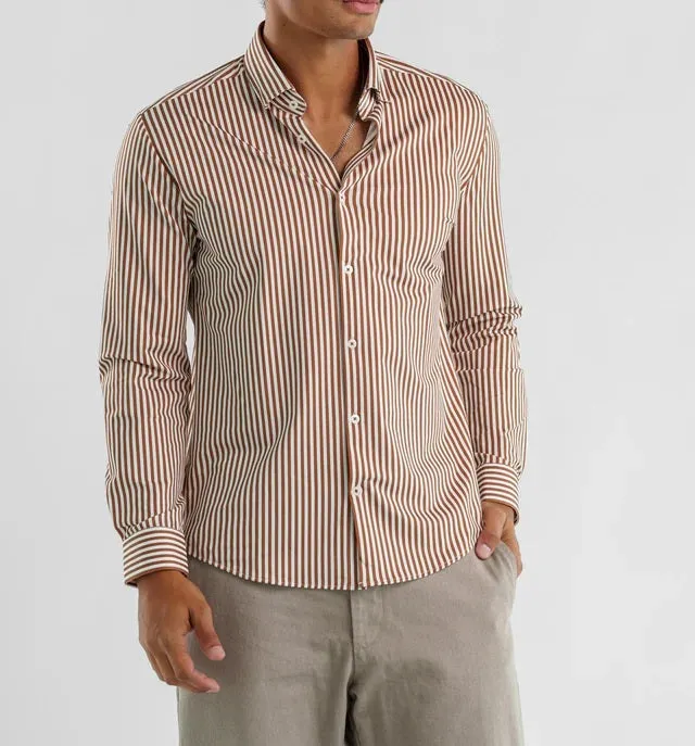 Techno Stretch Striped Long Sleeve Shirt - Tan