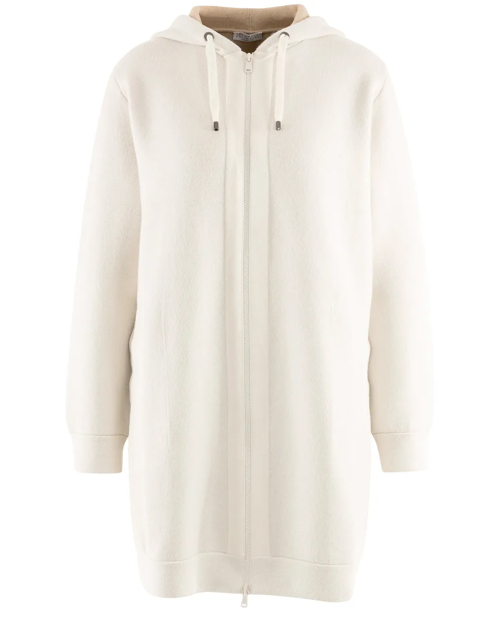 White Double Face Cashmere Zip Up Hooded Cardigan