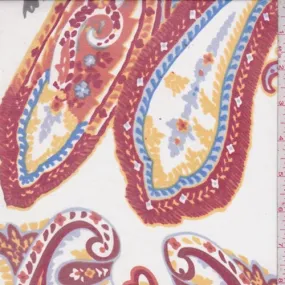 White/Red/Gold Paisley Silk Chiffon Fabric