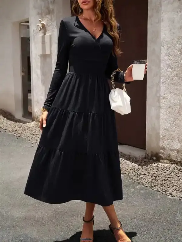 Women’s Autumn Long Dress Temperament Commuting V-neck Long-sleeve Temperament Elegant Dress