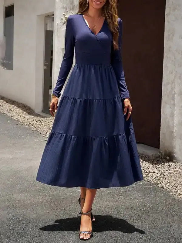 Women’s Autumn Long Dress Temperament Commuting V-neck Long-sleeve Temperament Elegant Dress