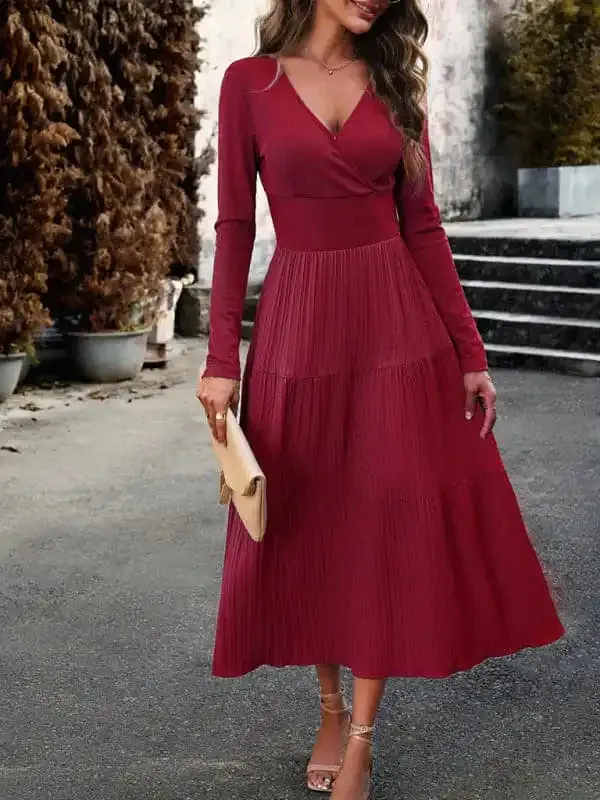 Women’s Autumn Long Dress Temperament Commuting V-neck Long-sleeve Temperament Elegant Dress